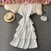 Verão Chiffon Ruffles Vestido Vintage para Mulheres Doce Doce Elegante Manga Curta Sólida Cintura Alta Vestidos 210420