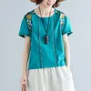 Mulheres de verão camiseta plus tamanho algodão linho flor bordado o-pescoço solto vintage tee femme tops 5 cor l8119 210512