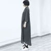 [Eam] kvinnor grå denim lång stor storlek ihålig ut klänning lapel tre fjärdedel ärmlös mode vår sommar 1dd7636 21512