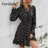 Moda ouro bolinhas rosa vestido mulheres manga comprida casual preto francês elegante primavera outono vestidos de mujer 210427