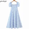 Blå blommig tryck elegant lång maxi klänning kvinnor fyrkantig nacke kort ärm sexig slits a-line sommar robe longue 210430