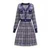 Vestidos casuais Houndstooth Purple Homen Women Vintage Dress Sweater Dress Pocket Pocket-deco