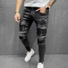 Hombres rasgados pantalones vaqueros flacos de alta calidad negro patchwork biker lápiz pantalones locomotora pantalones de mezclilla calles hip hop pantalones de vaquero x0621