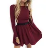 Casual Dresses 2022 Solid Women Long Sleeve Fleared Dress High midje Mini Spring Autumn Classic Ladies Slim Pleated