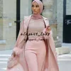 Pink Jumpsuit Prom Dresses muslim middle east luxury Bead Top Feather Full Sleeve Outfit Pants Evening Wears robes de soirée