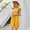 Vintage ruche backless zomer vrouwen jurk casual mouwloze katoen geel midi sexy rug veter strand elegant 210427