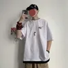 Impresso Casual Homens T-Shirt Chinês Caráter Manga Curta Falsa Dois Peça Engraçado Baggy Harajuku Moda Tshirt Masculino