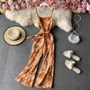 Summer Retro Fashion Suspender Jumpsuit Female Print V-neck Open Back Sleeveless Waist Belt Wide Leg Holiday Wind C148 210507