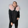 outwear pink raccoon furs trim hoody women snow parka Meifeng brand rabbit fur lined black bomber nylon jacket
