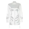 Y2K blanc élégant Satin froncé robe simple boutonnage mince à manches longues femmes Blouse robe Sexy col rabattu Mini robe 210515