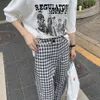 Pantalones largos de estilo coreano a cuadros moda streetwear mujeres más tamaño casual cintura alta pantalón femenino vintage pantalones de pierna ancha damas 210416