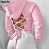 Cross Bandage Tie Up Backless Black Hoodie Sweatshirt Dames Herfst Lange Mouw Harajuku Roze Hoodies Pullover Crop Tops 210809