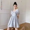 여성 드레스 플라워 펄 보우 퍼프 슬리브 드레스 기질 패션 여름 도착 2H704 210526