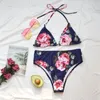 Kvinnors badkläder höga midja vadderade baddräkter kvinnor sexiga sommar två bitar bikini set halter bh topp kort floral beachwear baddräkt