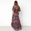 Boho Hippie Chic Przycisk Talii Frygiel Drukuj Maxi Drvintage Kobiety V Neck Krótki Rękaw Plaża Wycieczka 2019 Smake Długa sukienka X0621