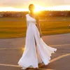 Long Sleeves Beach Wedding Dresses Bridal Gowns One Shoulder 2021 Illusion Pearls Beaded Boho Mariage With Side Split Chiffon A-Line Bride Dress