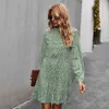 Jastie Zarif Çiçek Baskı Uzun Kollu Kadın Elbiseler Sonbahar Rahat Standı Boyun Fırfırtı Mini Elbise Vintage Boho Vestidos 210419