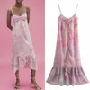 Women Summer Chiffon Print Dress Spaghetti Strap Buttons Ruffles Female Elegant Strapless Dresses Vestidos 210513