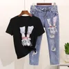 Women Summer Mesh Appliques Sequined Cotton Tshirts + Calf-Length Hole Denim Pants Suit Shoes Pattern Sequins Jeans Clothing Set 210416