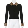 Vintage Faux Fur Leopard Lapel Rib Knitting Cardigan Women Long Sleeve Zipper Crop Sweater Short Slim Jumper Knitwear 210429