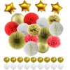 Party Decoration Red White Gold Tissue Paper Pom Poms Honeycomb Balls Lanterns Fan Foil Star&Latex Balloons For Wedding Nursery Decorations