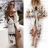 Kwiatowy Cover Up Kimono Beachwear Tunika kostium kąpielowy Cardigan Wysoka Split Sukienka Sukienka Letnie Wakacje Stroje Kąpielowe Czeski Spódnica 210604