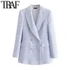 TRAF mujer moda doble botonadura Tweed Check Blazer abrigo Vintage manga larga bolsillos mujer prendas de vestir exteriores Chic Veste 210930