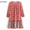 Vintage imprimé floral vacances robe d'été femmes manches trois-quarts col en V plissé décontracté court robe muje 210514