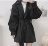 Fashion Autumn High Wide Waist Wool & Blends Black Long Sleeve Turn Down Collar Coat Winter Sashes Slim Korean Jacket Wild