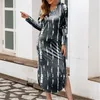 Vestidos con cuello de pico teñido anudado para mujer, moda occidental, manga larga, abertura holgada, faldas largas, diseñador de otoño, vestido informal de cintura alta para mujer