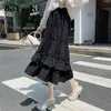 Vintage Midi Skirts Womens Plain Casual Long Patchwork Fashion High Waist Tutu Skirt Black Elegant Chic Ruffles Faldas 210506