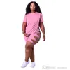 Summer Women Plus Size Sports Tracksuits Two Pieces Pants Outfits Short Sleeve T-Shirt Hollow Out Kink Shorts Elastic Casual Jogging Suits