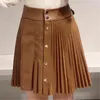 Elegant women Faux Leather Skirts Fashion lady Pleated Patchwork Sweet Female Streetwear Button High Waist Mini 210427