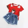 女の子の服セットOネックノースリーブ夏2-10歳の子供女の子赤い漫画Tシャツ+デニムジーンズショーツ2ピーススーツセット210701