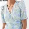 Puff Sleeve Kvinnors Wrap Blouse Fresh Print V-Neck Waist Lace-Up Vår Sommar Holiday Casual Shirt And Tops 210520