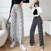 Zomer mode zwart hoge taille wide been rechte casual broek slanke fit letters afgedrukt split front flared broek voor vrouwen q0801