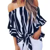 Summer off ombro blusa sexy striped mulheres tops e blusas senhoras praia lace up arco camisa tee flare manga 210518