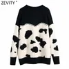 Femmes Vintage V Cou Motif Animal Crochet Cardigans Tricot Pull Femme Chic Manches Longues Contraste Couleur Tops S703 210420