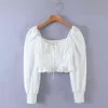 Elegant Long Sleeve Satin Summer Blouse Shirt Women Lace Up Front Crop Top White Short Tops Blusas De Mujer 210427