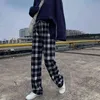 HOUZHOU Style coréen pantalon à jambes larges femmes mince été pantalon à carreaux grande taille femmes pantalon surdimensionné pantalon à carreaux taille haute 211112