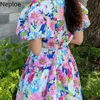 Neploe Maxi Vestidos para Mulheres Coreano Vintage Elegante Vestidos Mujer V-Neck Slow Sleeve Robe Lace Up Slim Vestido Floral 210422