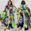 Gevşek Etnik Stil Afrikalı Kadın Baskı Maksi Elbiseler Artı Boyut XL-5XL Salıncak Elbisesi Cep Kemeri Uzun Kollu Gömlek Elbisesi