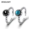 Retro Black Agat Turkusowe frędzlowe frędzle otwarte pierścień dla kobiet Regulowana biżuteria S925 Hurtowa oryginalna 925 Srebrna R.