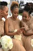 Schwarzes Mädchen, afrikanische Champagner-Tüll-Brautjungfernkleider, verschiedene Stile, gleiche Farbe, Perlen, Bling, sexy Ballkleider, vorne geteilt, Hochzeit 2021