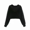 Casual Cropped Hoodies Woman Sweatshirts Vintage Black Velvet Pullovers Female Jumpers Tops 210421