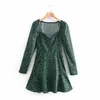 Women Chic Fashion Green Flowers Print Mini Dress Vintage Heart-Shaped Collar Long Sleeve Female Dresses Vestidos 210531