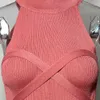 ノースリーブニットピンクのセータードレス女性の基本秋冬レースアップボディコンMidi Dress Vestidosグレードレス210415