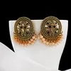 Dames Blue Flower Wedding Earrings Retro Ethnic Gold Round Hollow Alloy Pearl Beads Jhumka Earring