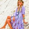 Jastie Abito lungo ricamato floreale Nappa scollo a V manica lunga Autunno Boho Abito vintage Hiipie Chic Abiti da spiaggia Vestidos 210419