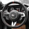 DIY Siyah Süet Deri Direksiyon Kırmızı Dikiş Üzerinde Wrap Kapak Ford Ford Mustang 2015-2019 / Mustang GT 2015-2019